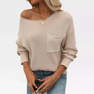 Womens Loose Fit Pullover Sweater Long Sleeve Round Neck Lightweight Pullovers Crop Rib Knit Tops Lounge Outfits Off Shoulder Knitwear - 1 of 4
