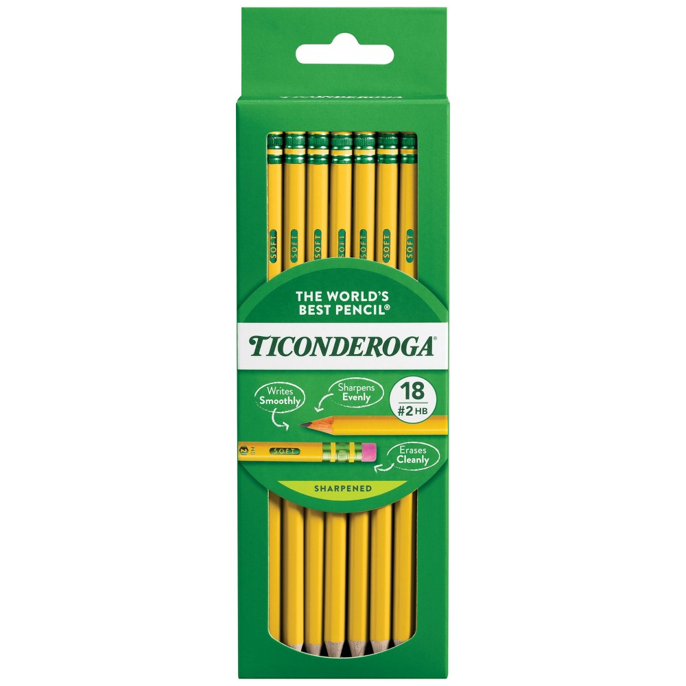 Ticonderoga 18ct Pencil Yellow: No. 2 Wood Cased, 1.0mm Point, Erasable, School Supplies for Kids, Ages 5+
