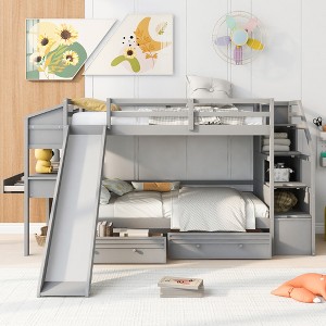 Bellemave Twin over Twin Bunk Bed with Storage Staircase, Slide and Drawers, Desk with Drawers and Shelves, Gray - 1 of 4