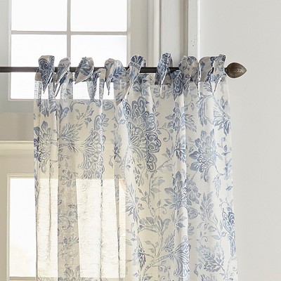 Indigo Floral Sheer Tie-Top Poly-Linen Window Panel, 52" x 84"