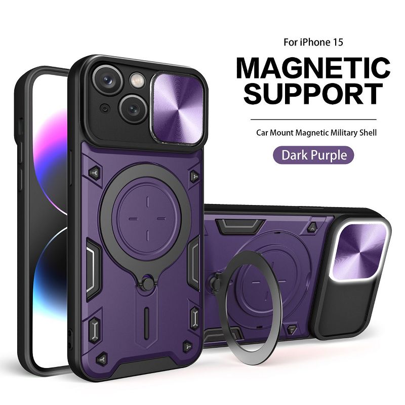 Reiko TPU PC Shockproof Magnetic Phone Case with Free Adjustment Ring Holder for IPHONE 15 in Black, 1 of 2