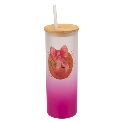 Elanze Designs 25 Ounce Frosted Glass Gradient Travel Tumbler With Straw and Wooden Lid, Basketball With Pink Bow Pink