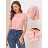 INSPIRE CHIC Women's Vintage Crew Neck Puff Sleeve Casual Plaid Gingham Blouse - 2 of 4