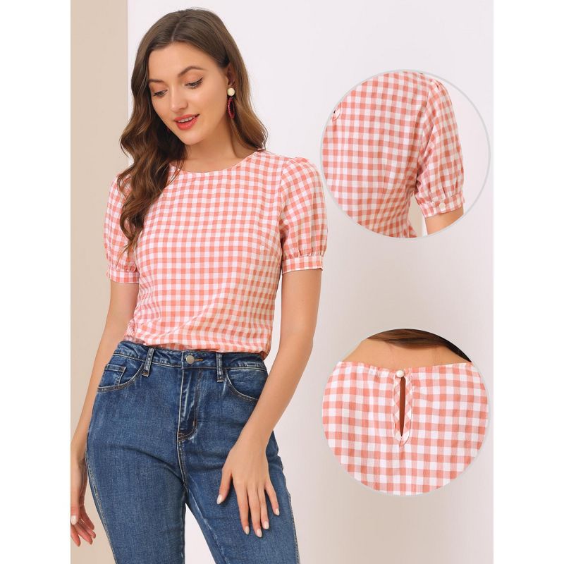 Allegra K Women's Vintage Crew Neck Puff Sleeve Casual Plaid Gingham Blouse, 2 of 7