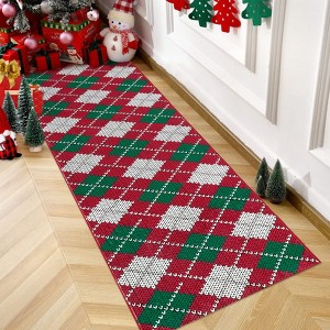 Red and Green Holiday Print Plaid Area Rug Christmas Theme Home Decor Rugs Low Pile Non Slip Carpet for Dining Room Play Room - 1 of 4