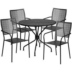 Emma and Oliver Commercial Grade 35.25" Round Metal Garden Patio Table Set, 4 Square Back Chairs - 1 of 4