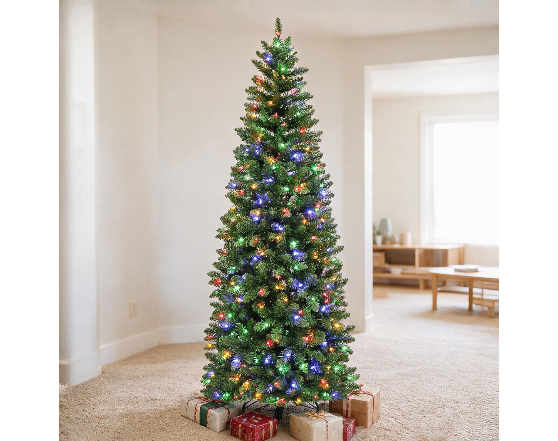 VIVATREES 7.5ft Prelit Christmas Tree Artificial Slim Pine Dual Color 10 Funtion Changing LED Lights Metal Stand Hinged Branches for Holiday