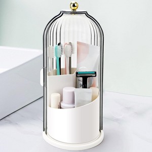 360 Rotating Clear Dustproof Waterproof 3 Slots Bathroom Countertop Organizer Covered Toothbrush Holder (White) - 1 of 4