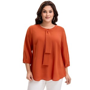 Women's Plus Size Tie Crew Neck 3/4 Ruffle Sleeves Work Office Chiffon Blouses - Agnes Orinda - 1 of 4