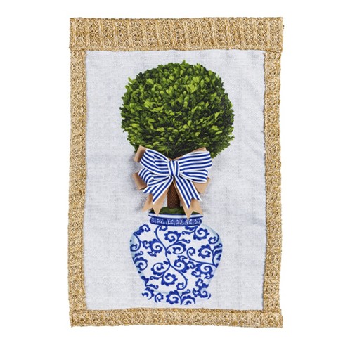 Evergreen Chinoiserie Topiary Garden Burlap Flag 12.5 X 18 Inches