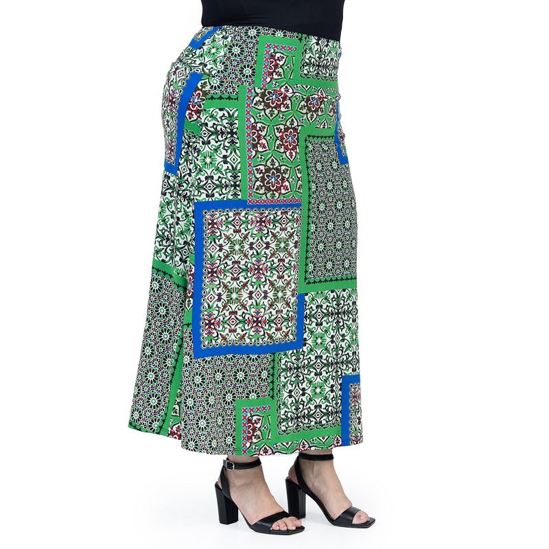 24seven Comfort Apparel Green Scarf Print Plus Size  Elastic Waist Ankle Length Comfortable Maxi Skirt, 2 of 7