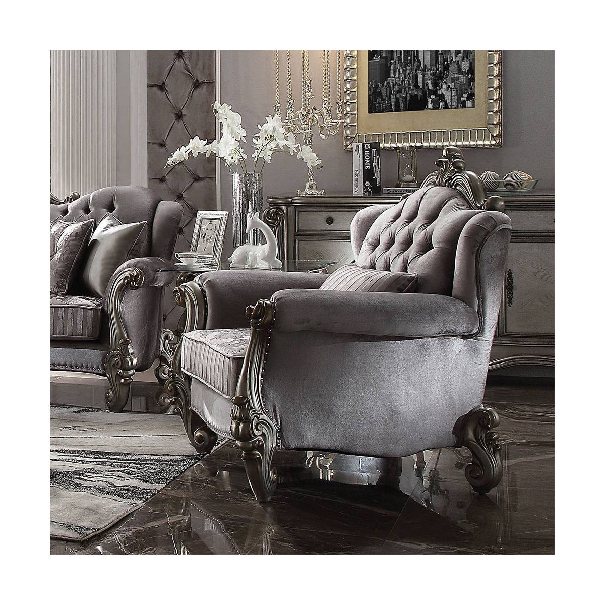 Versailles Club Chair with 1 Pillow Velvet/Antique Platinum Finish - Acme Furniture