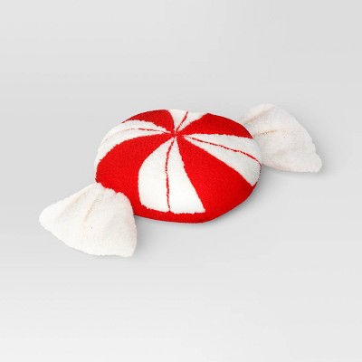 Red and White Peppermint Shaped Faux-Shearling Throw Pillow