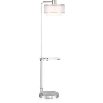 Possini Euro Design Vogue Modern Floor Lamp with Tray Table 60" Tall Brushed Nickel USB Charging Port Organza Outer White Inner Shade for Living Room