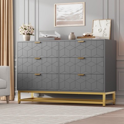6-Drawer Dresser for Bedroom – Modern Wood Chest with Gold Metal Handles for Hallway, Entryway, and Living Room