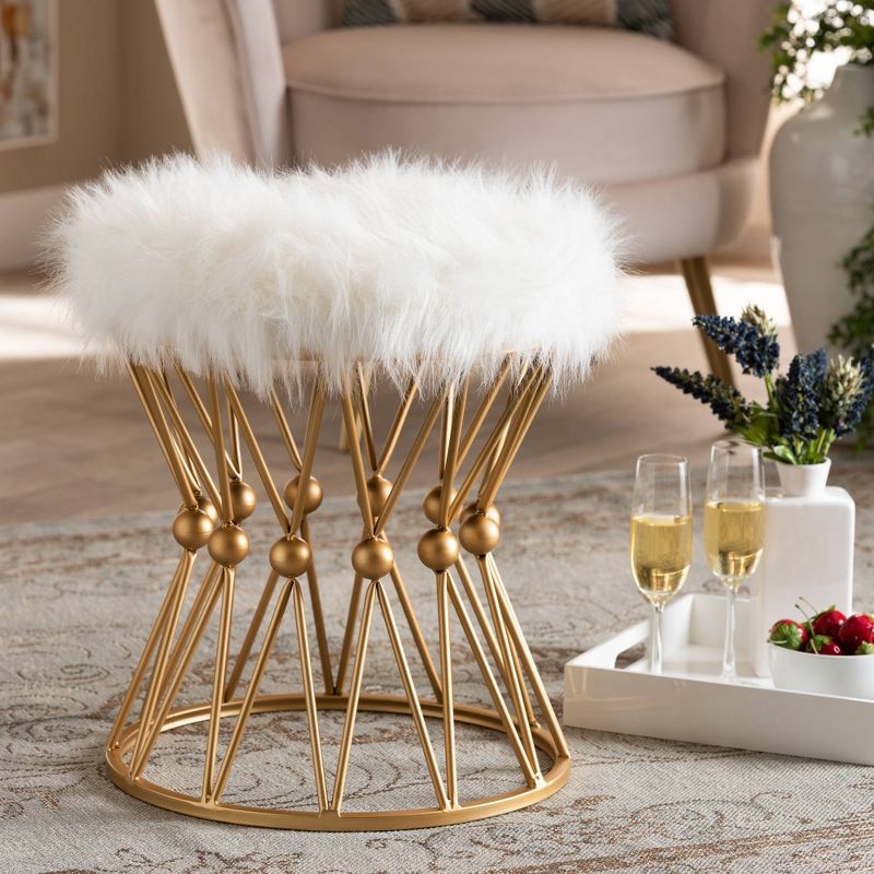 Leonie Faux Fur Upholstered Metal Ottoman White/Gold - Baxton Studio, 5 of 8