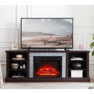 70" Modern TV Stand with 23" Electric Fireplace Insert, Large Media Console Table with Faux Stacked Stone Surround and Spacious Storage Cabinet - 1 of 4