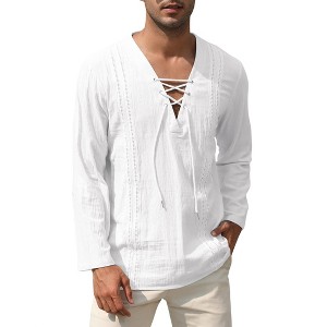 Clearlove Mens Linen Henley Shirts Lace Up Long Sleeve V Neck Casual Lightweight Cotton Hippie Shirts - 1 of 4