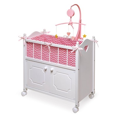 Badger Basket Cabinet Doll Crib with Chevron Bedding and Free Personalization Kit - White/Pink