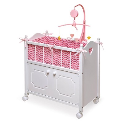 Photo 1 of Badger Basket Cabinet Doll Crib with Chevron Bedding and Free Personalization Kit - White/Pink