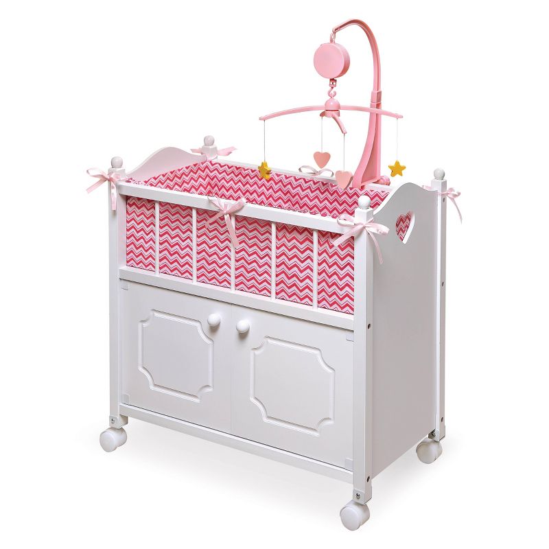 Badger Basket Cabinet Doll Crib with Chevron Bedding and Free Personalization Kit - White/Pink, 1 of 7
