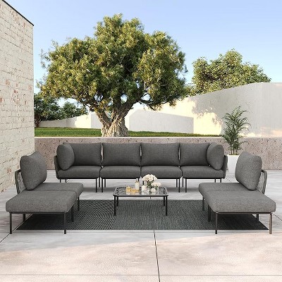 LayinSun 9 Pieces Rope Woven Patio Furniture Set, Modern Modular Sectional Sofa with Coffee Table and Upgrade Thickness Cushion