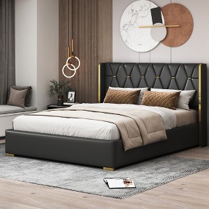 Queen/Full Size Upholstered Platform Bed Frame with Metal Strips Decor 4Q -ModernLuxe - 1 of 4