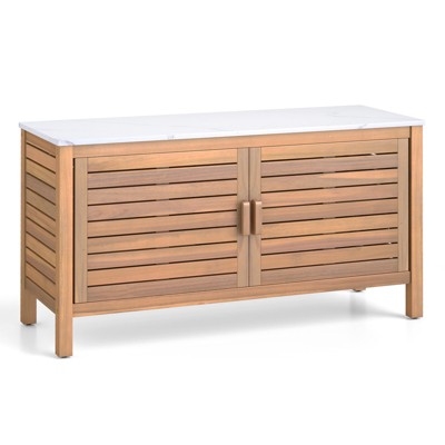 Tangkula 2-Door Patio Storage Cabinet w/ Faux Marble Top Wooden Sideboard for Deck