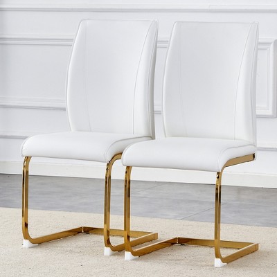 FURNIinspire Dining Chairs Luxury Simple Arch Chair, Set of 2 PU Dining Chairs with Gold Metal Leg And Cushion, White, 17"*22"*39"
