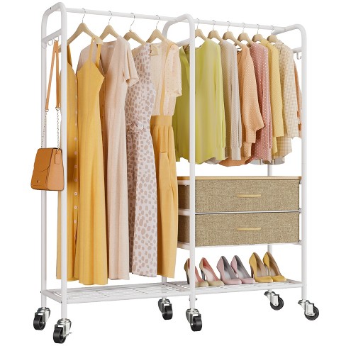 Costway 2-Tier Bamboo Garment Rack Clothing Storage Organizer Coat Hanger w/ Rod & Hooks