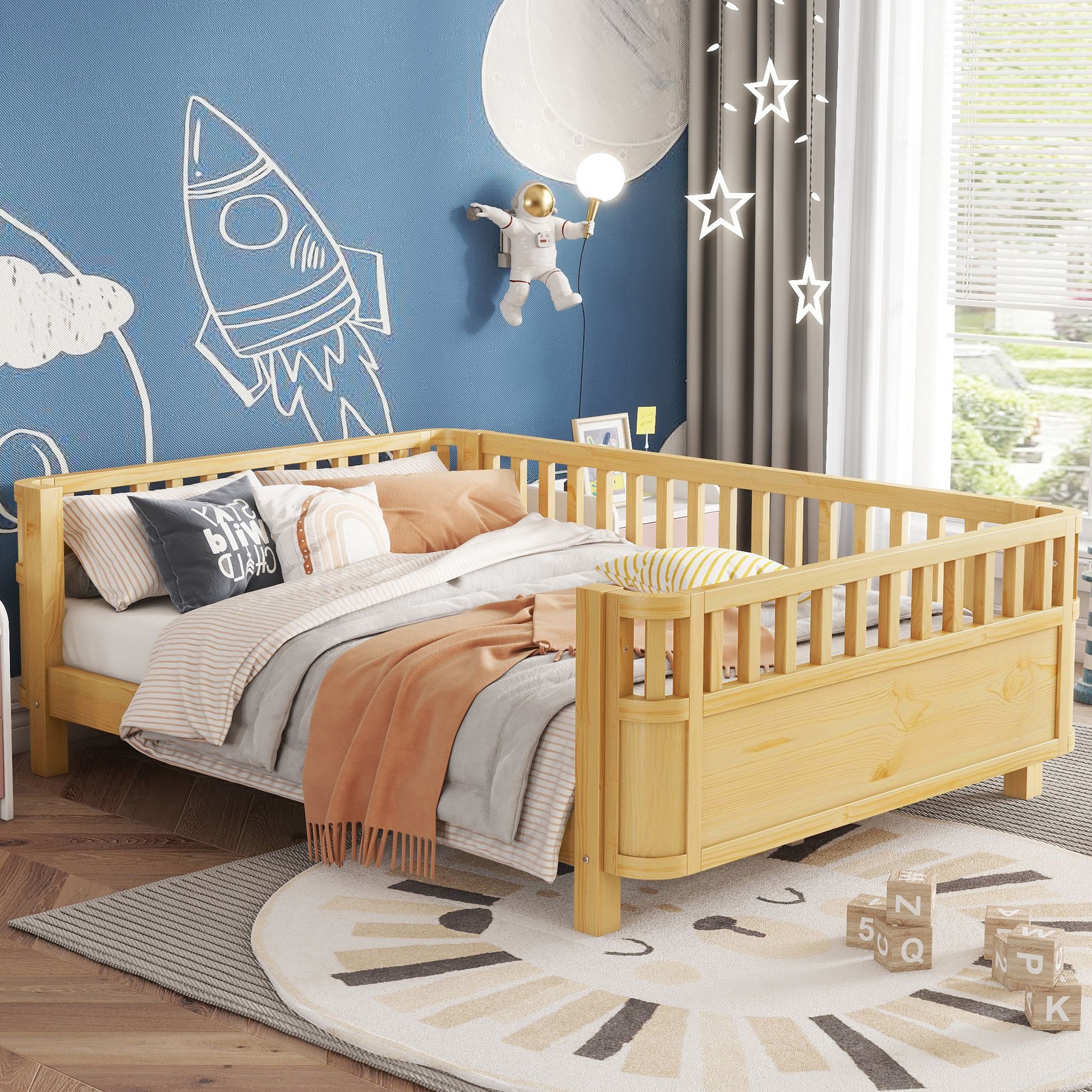 KTMBDW Toddler Bed for Kids, Montessori Bed Frame with Detachable Rails, Wood Low Profile Platform Bed for Girls and Boys