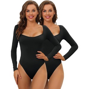 Allegra K Women's Long Sleeve Slim Fit Stretchy 2 Packs Square Neck Adult Bodysuits - 1 of 4