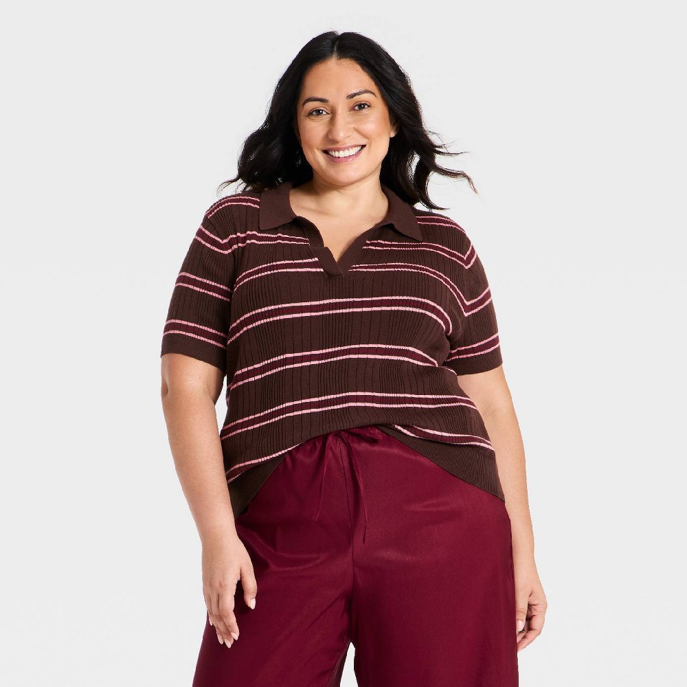 Women's Johnny Collar Cotton Pullover Sweater T-Shirt - A New Day™ Brown Striped 1X