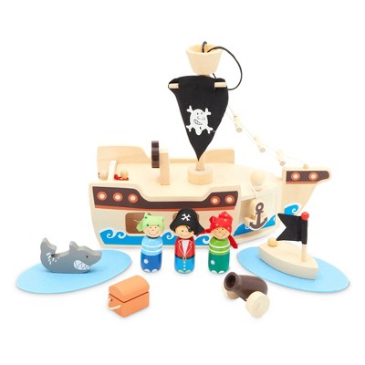 Blue Panda Wooden Pirate Ship for Kids - Pirate Playset Toys with Pirate Boat and Pirate Figurines (11-Pieces, Ages 3+)