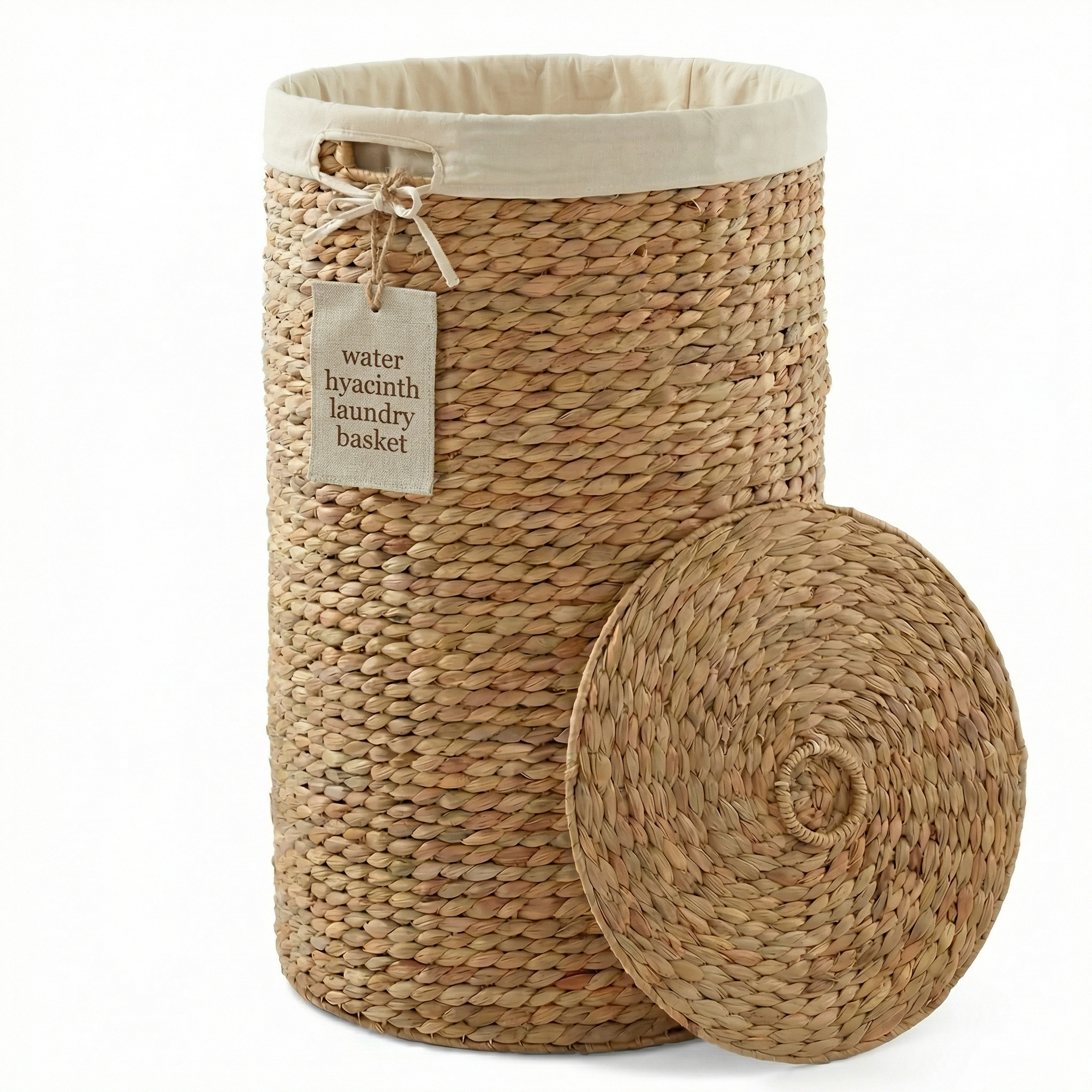 DEILSY Natural Round Water Hyacinth Wicker Basket with Lid and Removable Liner, Storage Basket with Lid for Bathroom, Bedroom, or Laundry Room