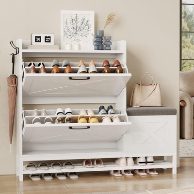 Shoe Cabinet with Bench, Farmhouse Narrow Slim Shoe Storage with 2 Flip Drawers