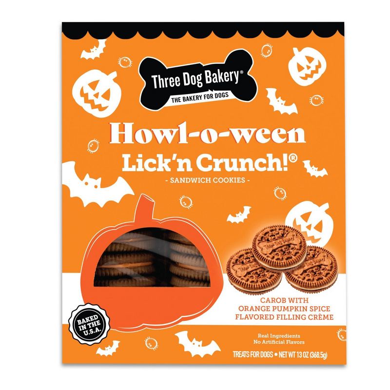 Three Dog Bakery Howl-o-ween Lick&#39;n Crunch Cookie with Carob and Pumpkin Dog Treats - 13oz - Halloween, 1 of 8