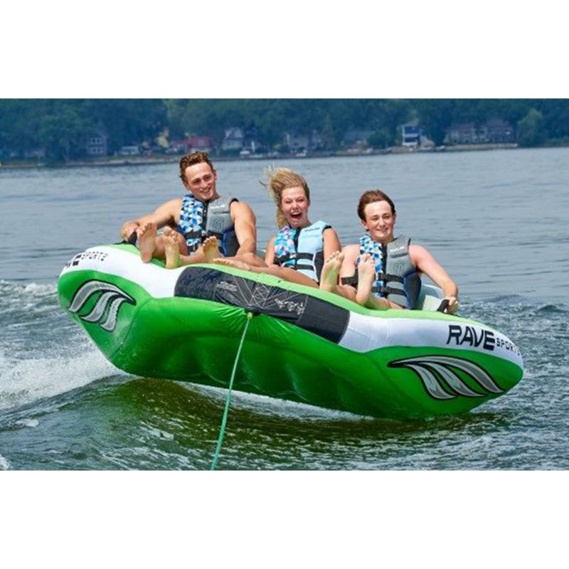 RAVE Sports 3 Person Inflatable Durable Nylon Wake Hawk Towable Boating Water Tube Raft with 6 Handles, Knuckle Guards, and 2 Air Chambers, Green, 3 of 7