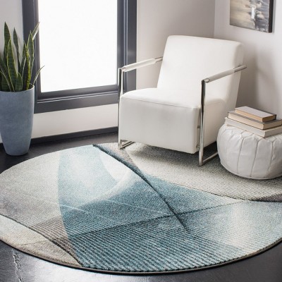 Grey and Teal Abstract Round High Pile Area Rug