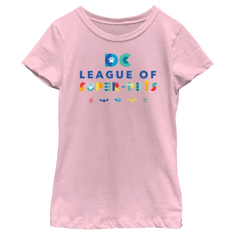 Girl's DC League of Super-Pets Colorful Hero Logos T-Shirt, 1 of 5
