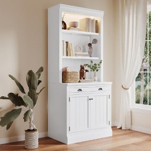 83.4 Inch Tall Modern Bookshelf with LED Lights, Features 2 Doors, 1 Drawer and Open Shelves for Living Room, Bedroom or Home Office, White - 1 of 4
