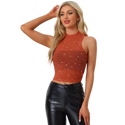 Allegra K Women's Metallic Star Mesh Mock Neck See-through Crop