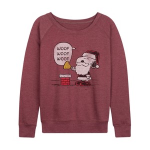 Women's - Peanuts - Snoopy Santa Lightweight French Terry Wide Neck Long Sleeve Graphic Shirt - 1 of 4