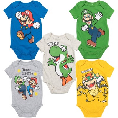 Image of SUPER MARIO Nintendo Luigi Mario Yoshi Newborn Baby Boys 5 Pack Cuddly Short Sleeve Bodysuits Multi 0-3 Months