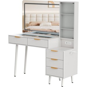 48" Fluted Makeup Vanity Desk with Mirror and Lights, Modern Makeup Table with 36" Lighted Mirror, 3 Color Modes, Built-in Outlet - 1 of 4