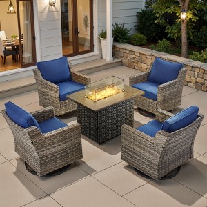 Buenhomino 5 Piece Wicker Outdoor Patio Furniture Set with 50000 BTU Fire Pit Table,Outdoor Dining Table Set 4 Swivel Chairs with Cushions - 1 of 4