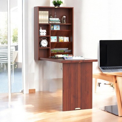 Alilang 37.00 Inch Wall-Mounted Foldable Desk with Shelves and Storage - Brown