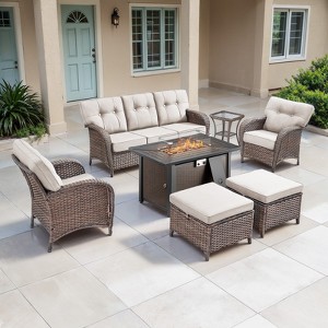 Belord Outdoor All Weather Wicker Patio Furniture Set, 7 Pieces Brown Wicker Patio Furniture Sofa Set with Propane Firepit Table - 1 of 4
