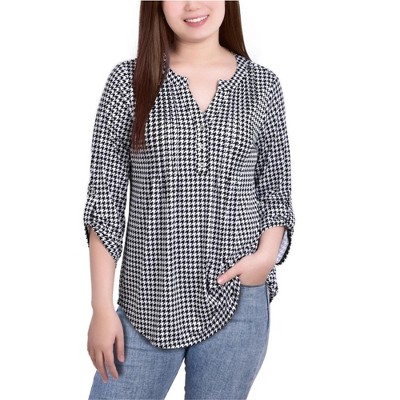 NY Collection Womens Printed Pintuck Henley Shirt