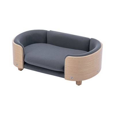 Lirago 26.38" W x 16.14" D x 9.84" H Elevated Dog Bed Pet Sofa Solid Wood Legs Velvet Cushion with Removable Bolster Washable Small Size